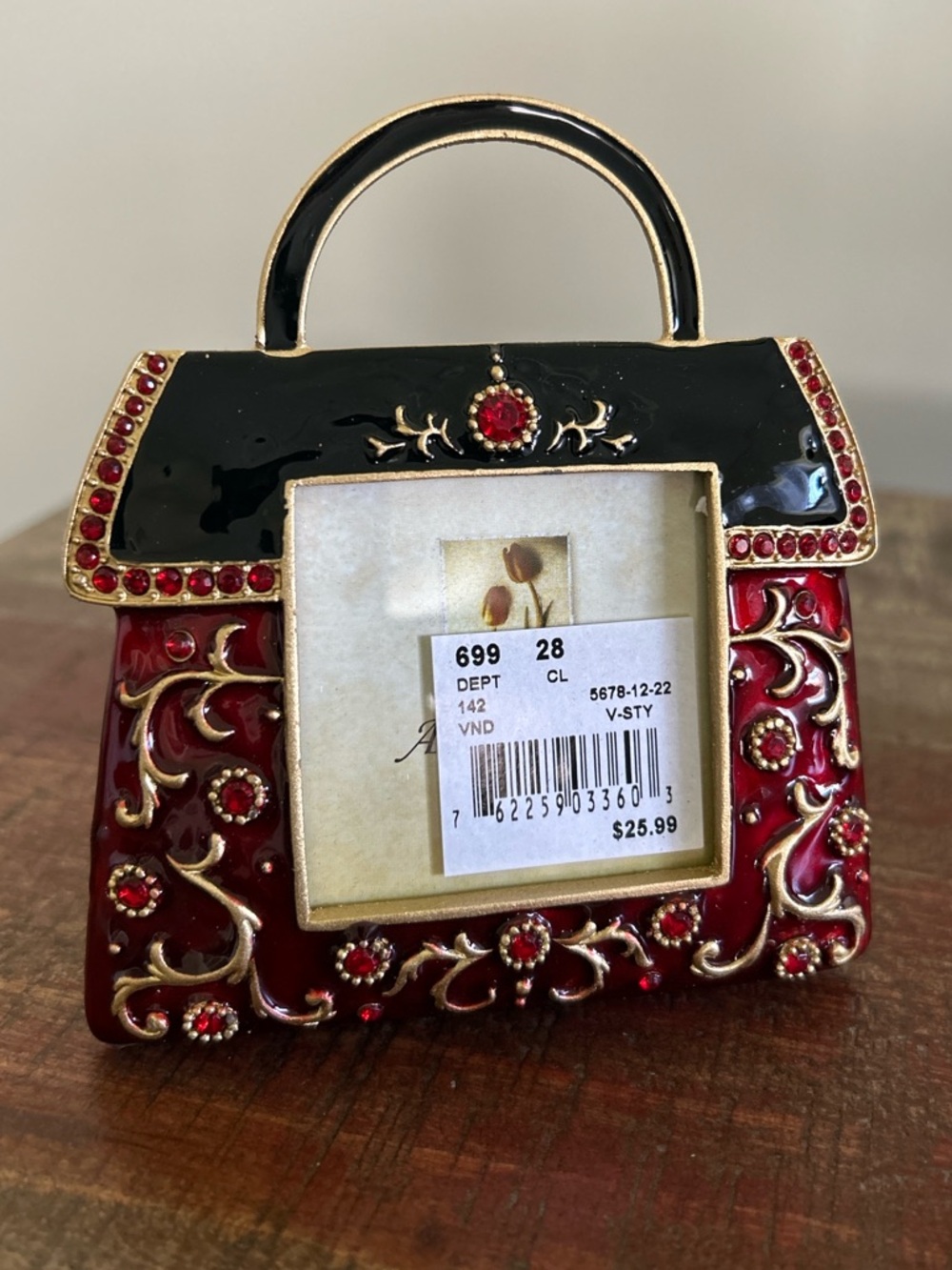 Ashleigh Manor Purse Picture Photo Frame Gold Rhinestone Jewel Red Black Enamel